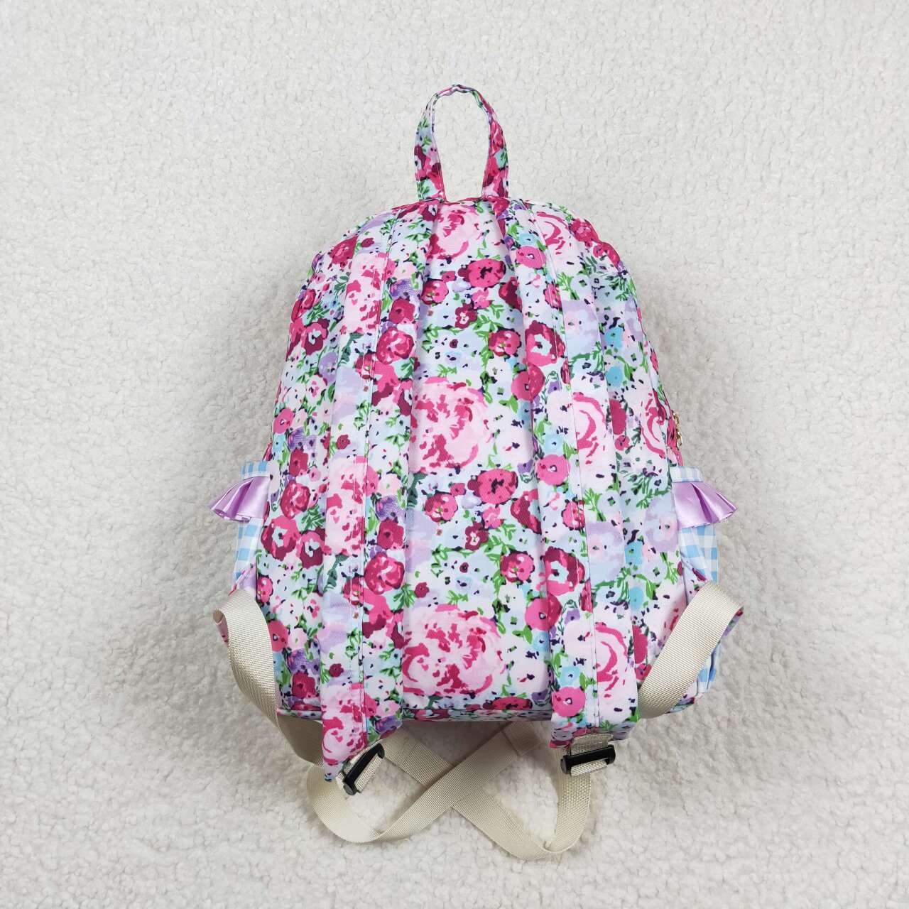 BA0099 Girls Bag Purple Flowers Print Ruffles Backpack