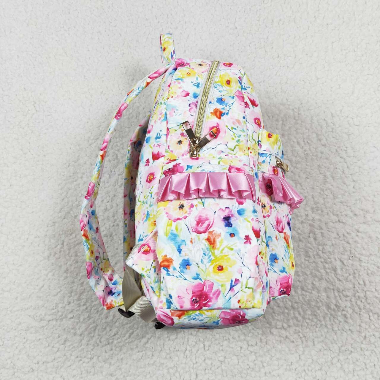 BA0174 Pink Flowers Print Ruffle Backpack Girls Bag