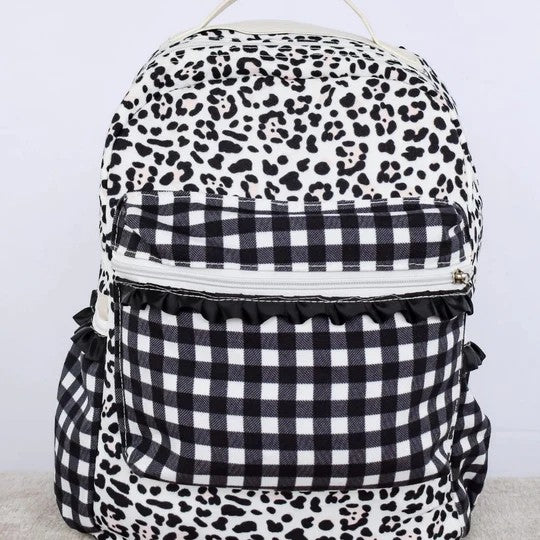 (Pre-order) BA0216  Leopard Black Plaid Print Backpack Girls Bags