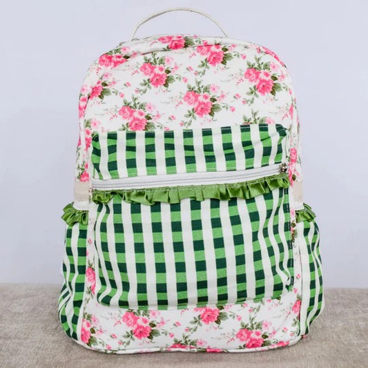 (Pre-order) BA0218  Flowers Green Plaid Print Backpack Girls Bags