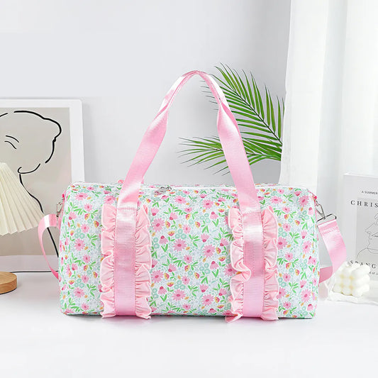 (Pre-order) BA0290 Small Flowers Pink Print Ruffle Gym Bag Overnight Bags