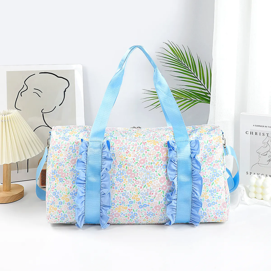 (Pre-order) BA0292 Small Flowers Blue Print Ruffle Gym Bag Overnight Bags