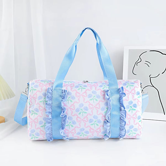 (Pre-order) BA0294 Blue Flowers Pink Bows Print Ruffle Gym Bag Overnight Bags