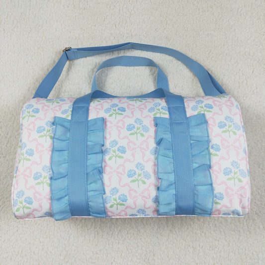 BA0294 Blue Flowers Pink Bows Print Ruffle Gym Bag Overnight Bags