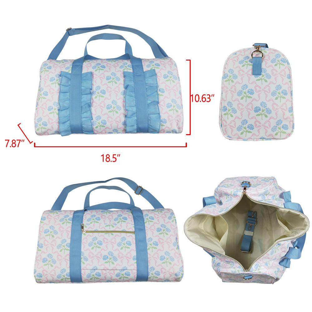 BA0294 Blue Flowers Pink Bows Print Ruffle Gym Bag Overnight Bags