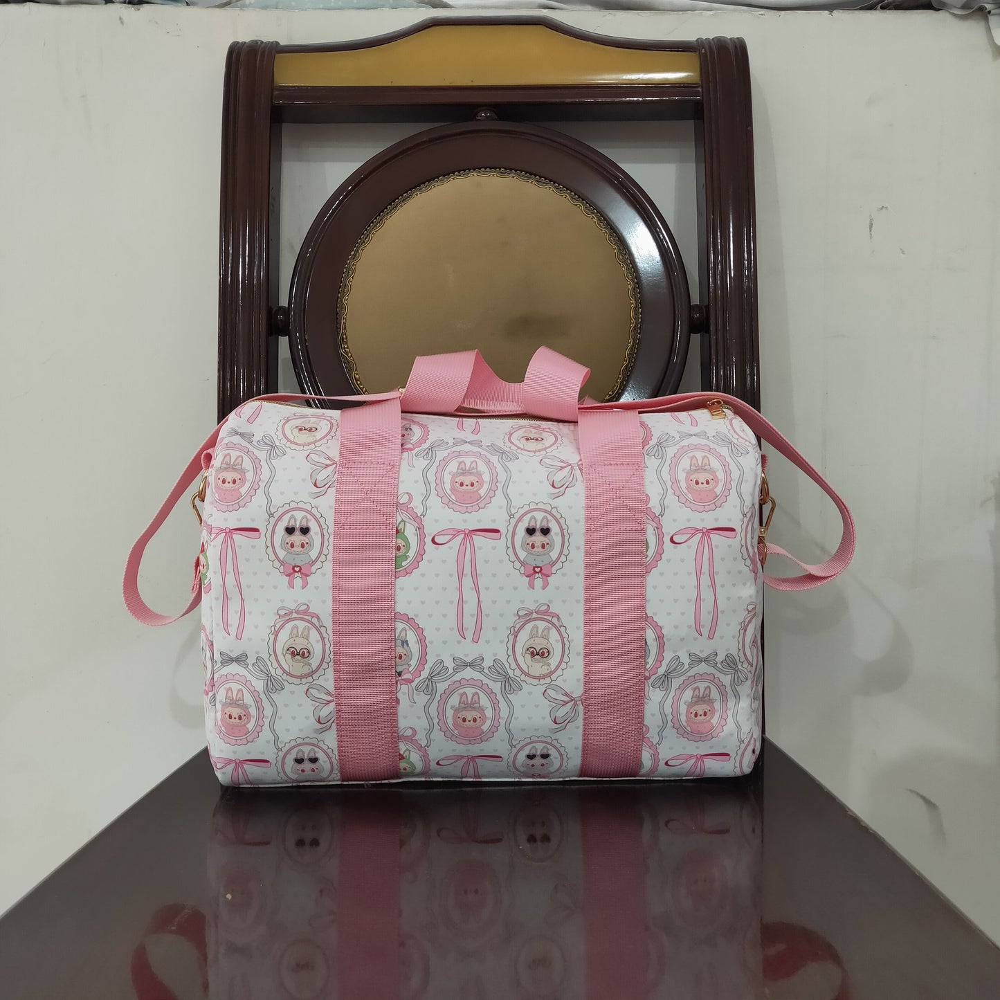 BA0301 Cartoon Bunny Bows Pink Print Girls Gym Bag Overnight Bags