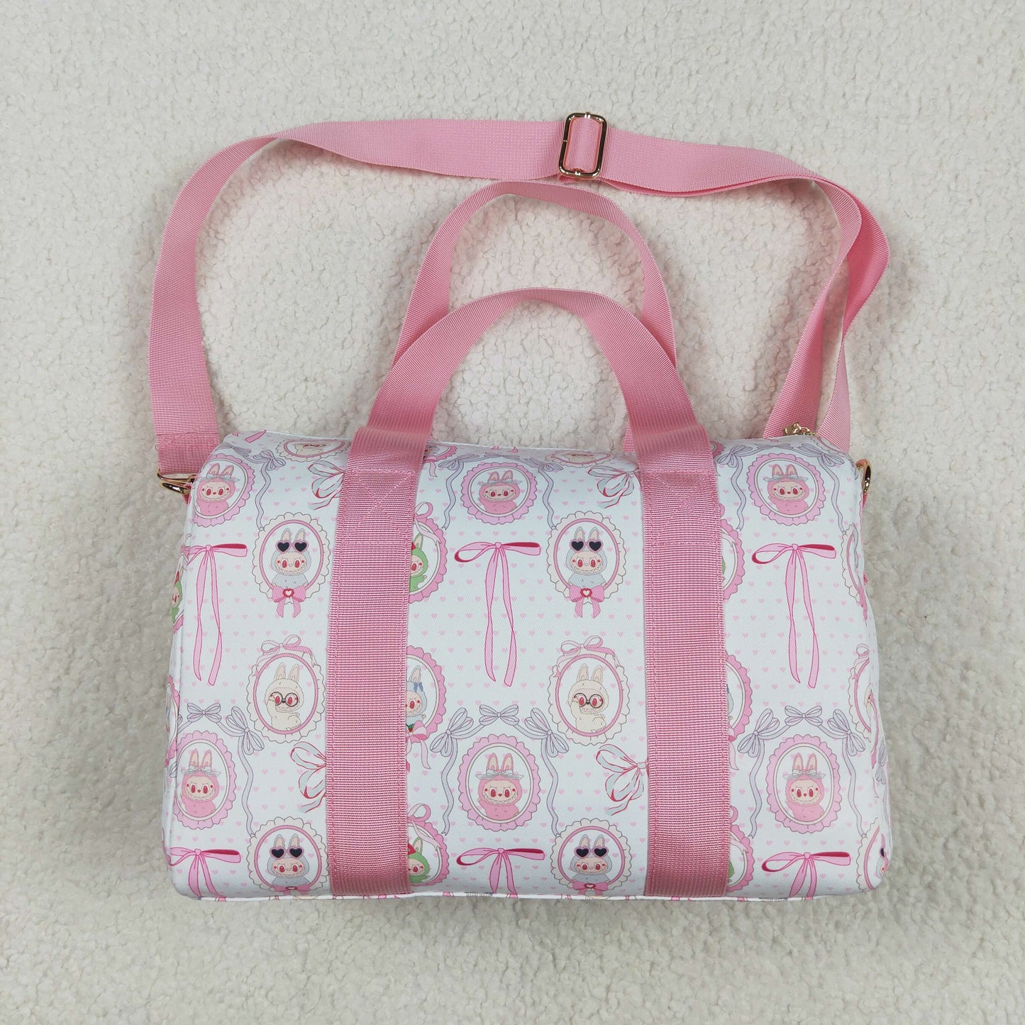 BA0301 Cartoon Bunny Bows Pink Print Girls Gym Bag Overnight Bags