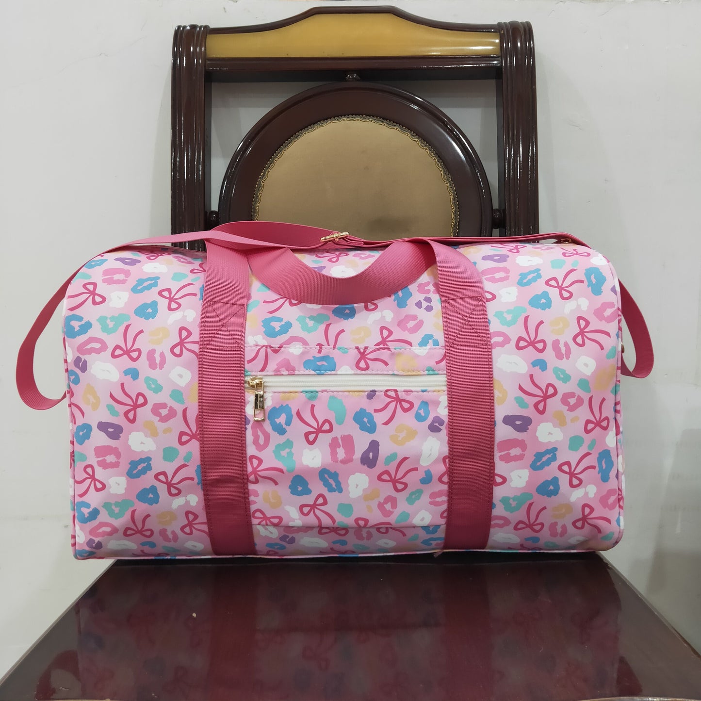 BA0320  Colorful Leopard Bows Print Girls Gym Bag Overnight Bags