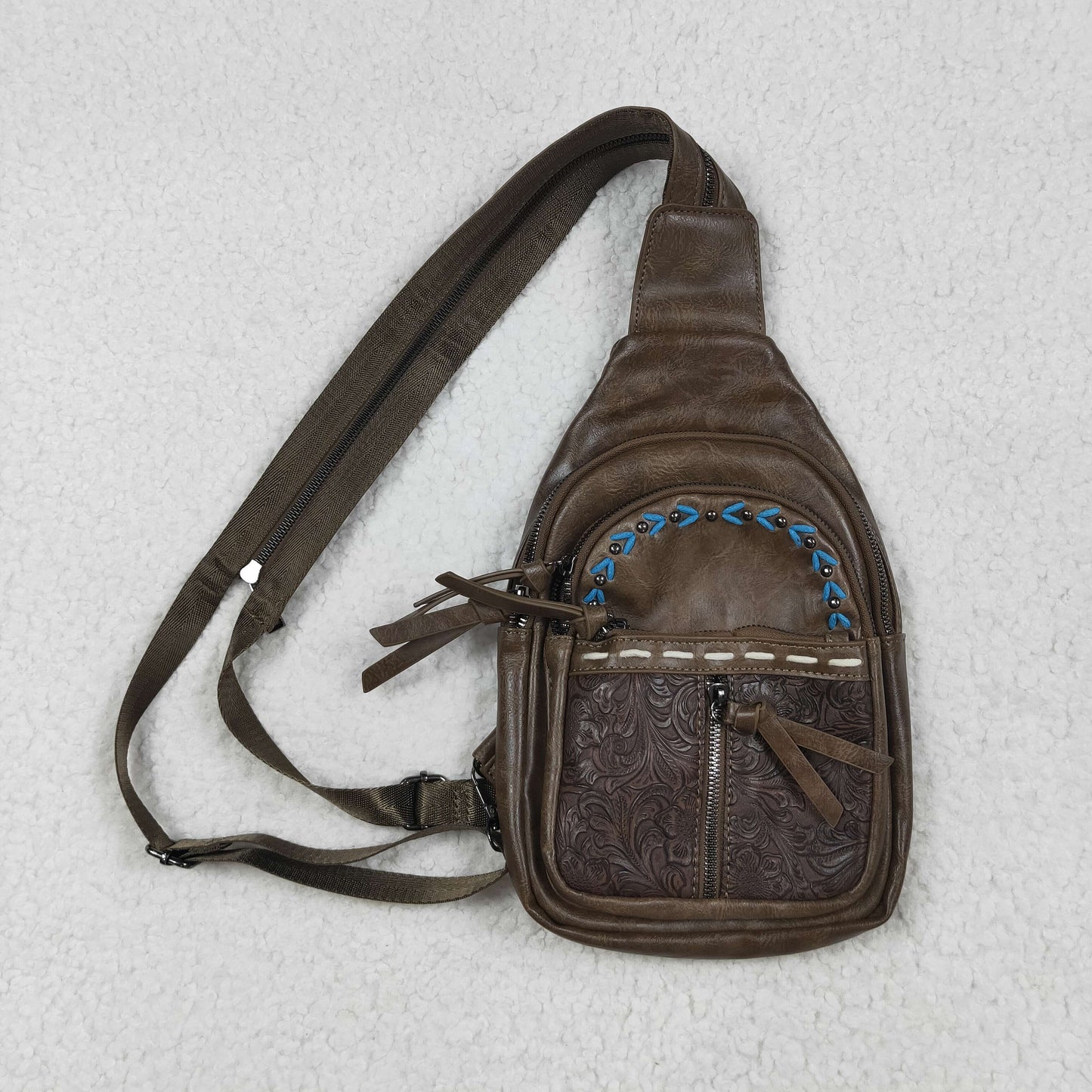 USA-Shop BA0331 Dark Brown Flowers Zipper Western Leather Back Bags