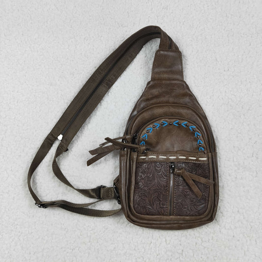 USA-Shop BA0331 Dark Brown Flowers Zipper Western Leather Back Bags