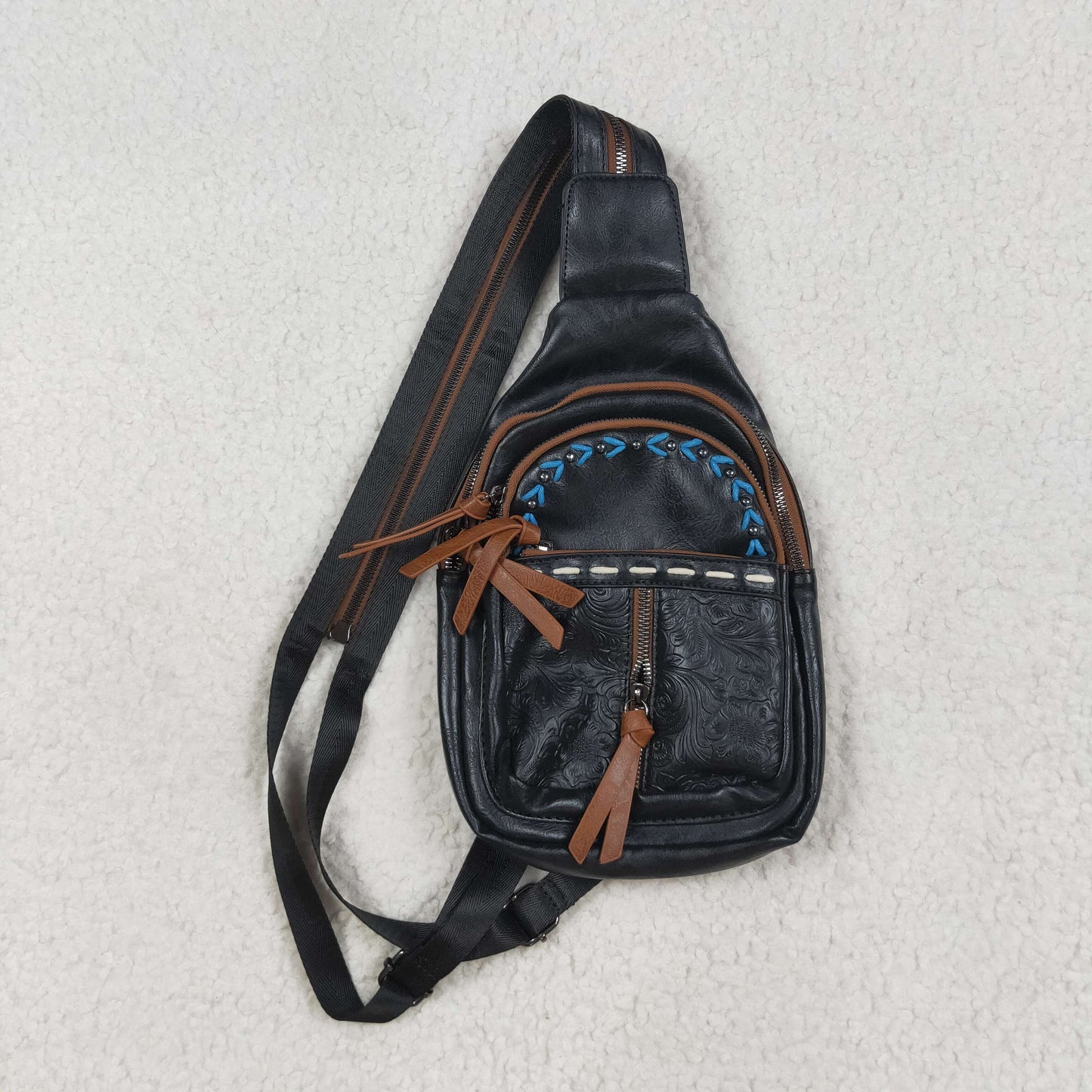 USA-Shop BA0332 Black Flowers Zipper Western Leather Back Bags