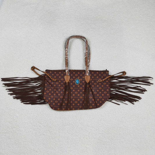 USA-Shop BA0374 Brown Flowers Zipper Western Leather Tassel Handbag