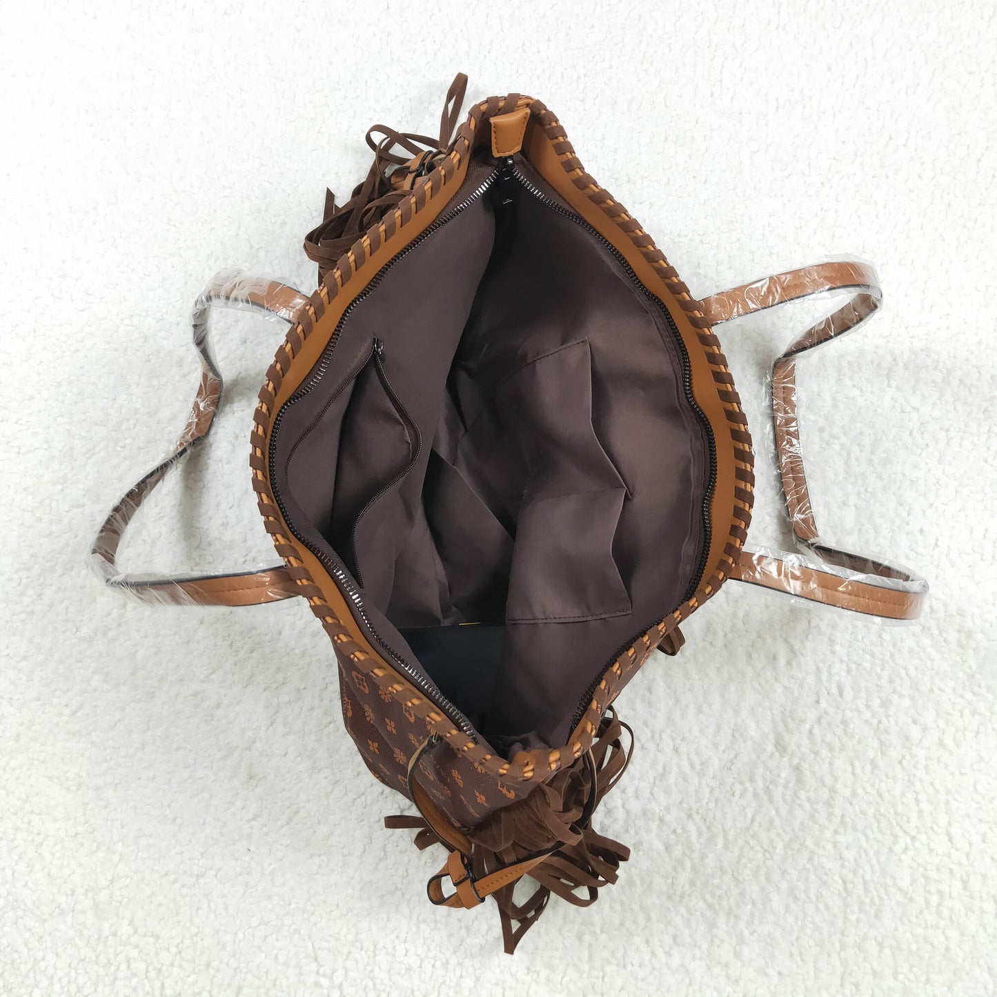 USA-Shop BA0374 Brown Flowers Zipper Western Leather Tassel Handbag