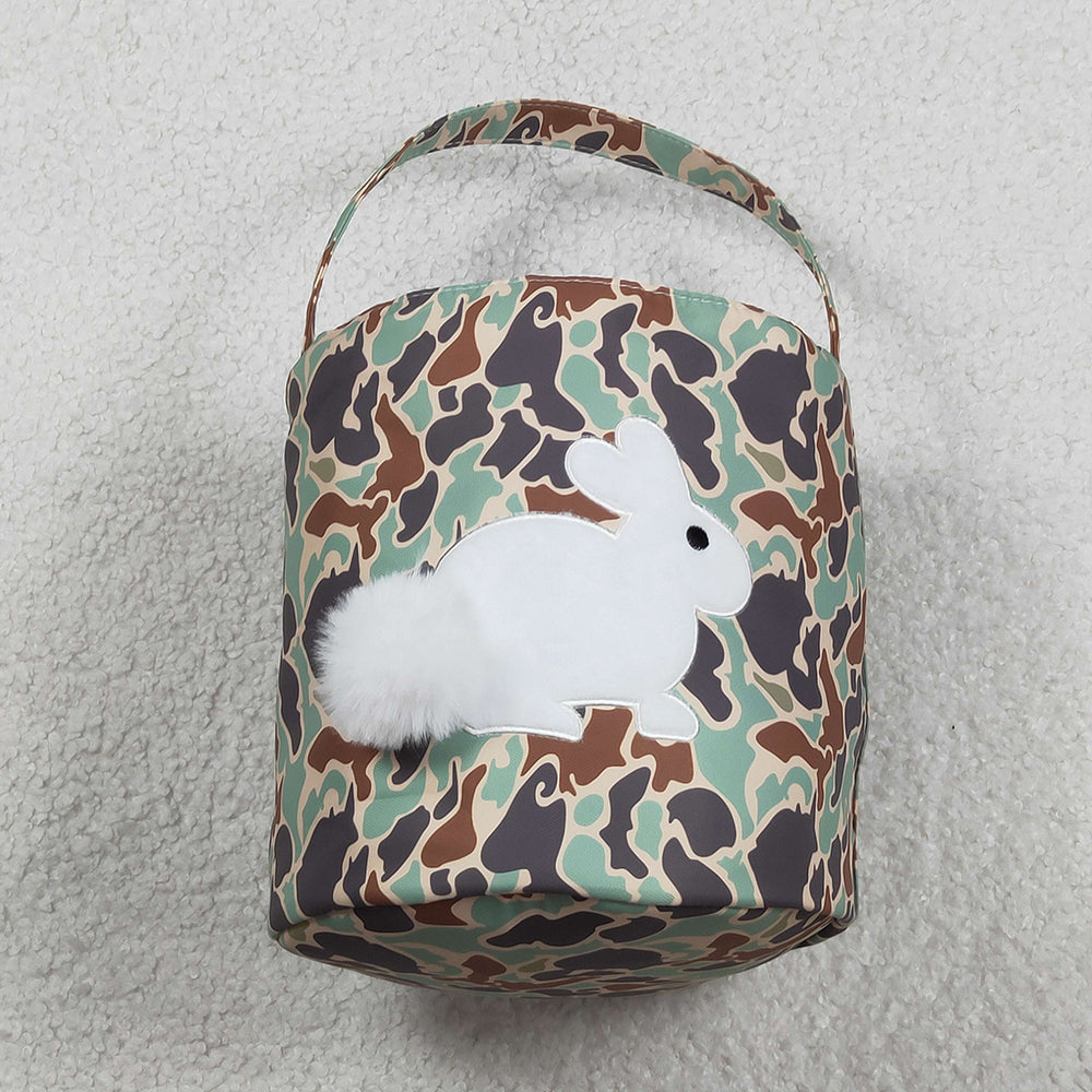 BA0387 Bunny Embroidery Camo Print Basket Kids Easter Bags