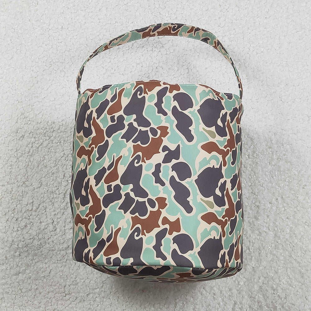 BA0387 Bunny Embroidery Camo Print Basket Kids Easter Bags