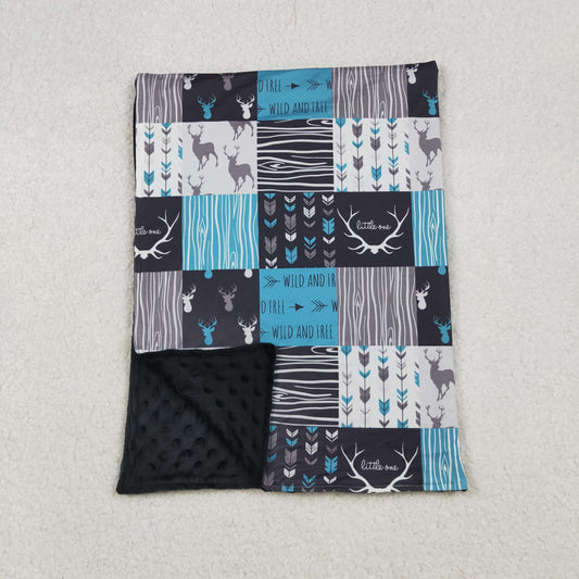 BL0074 Wild And Free Deer Blue Plaid Print Kids Blanket