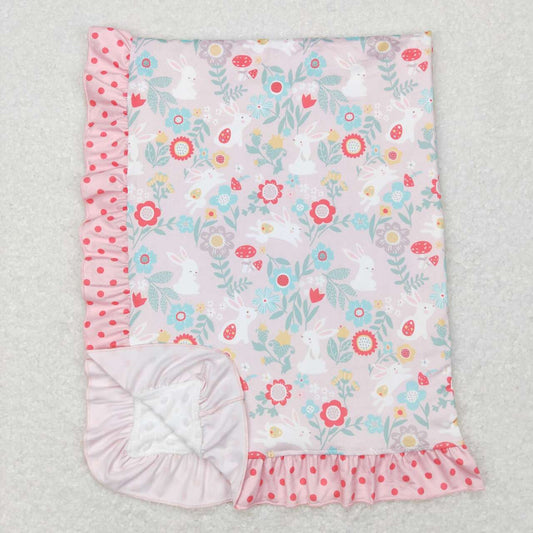 BL0082 Pink Flowers Bunny Print Baby Girls Easter Ruffle Blanket