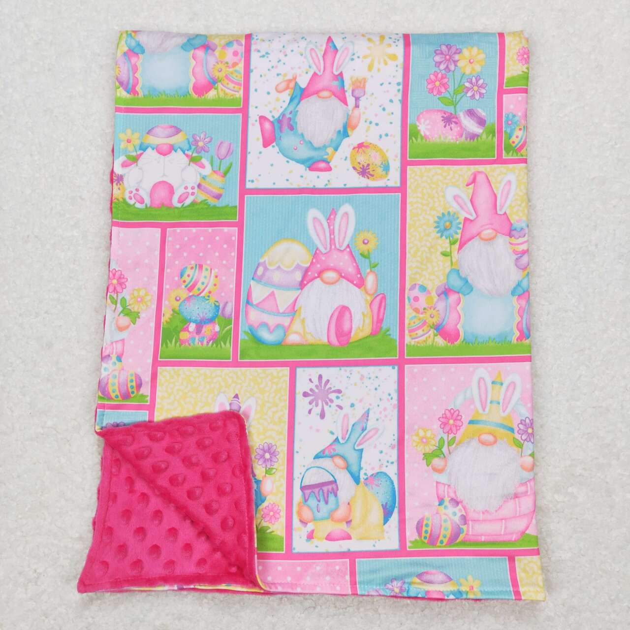 BL0094 Bunny Eggs Flowers Print Baby Easter Minky Blanket