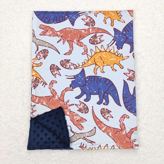 BL0099 Colorful Dino Print Navy Minky Blanket