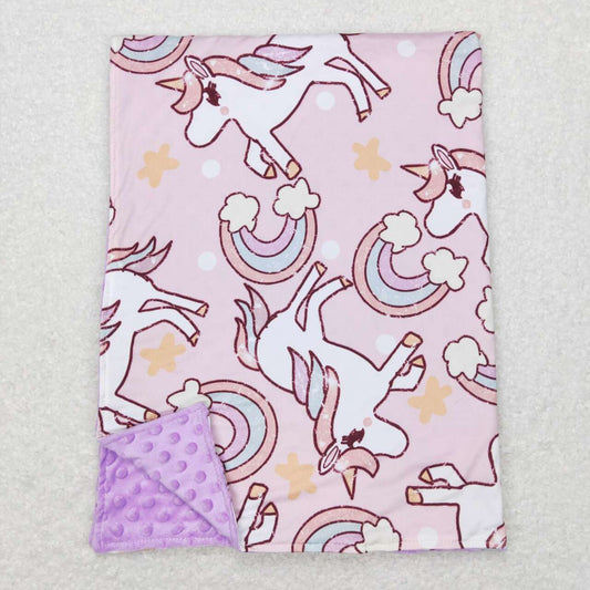 BL0100 Unicorn Rainbow Print Purple Minky Blanket