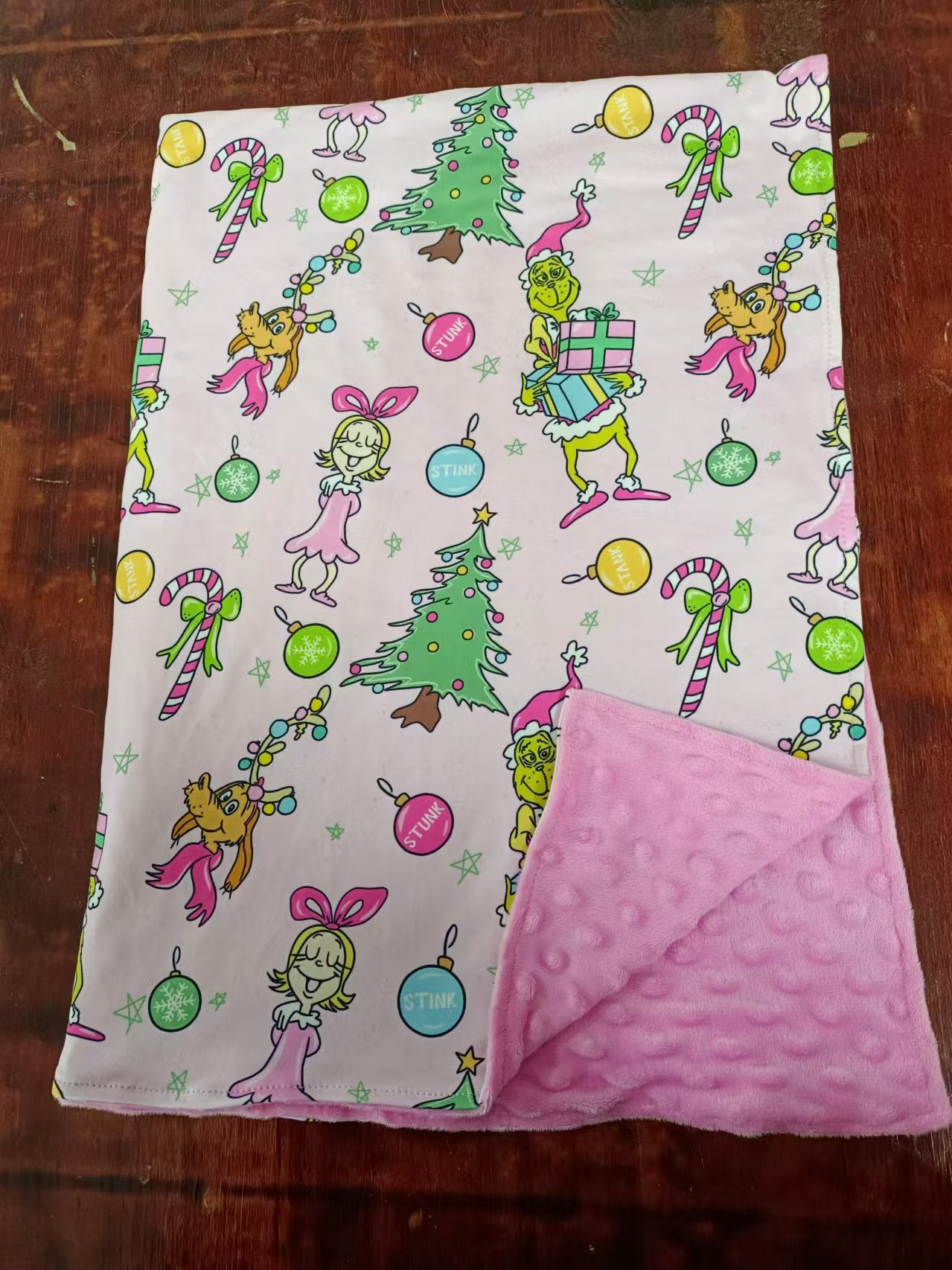 (Custom Design Preorder MOQ 3 ) Green Frog Tree Pink Print Baby Girls Christmas Blanket