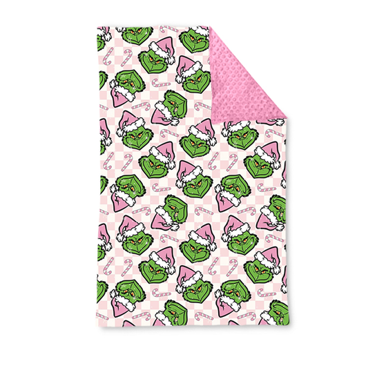 (Pre-order) BL0225 Green Frog Candy Cane Print Baby Girls Christmas Blanket