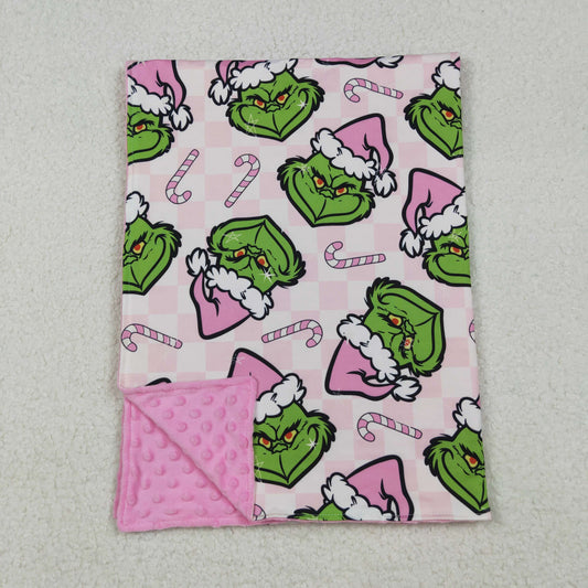 BL0225 Green Frog Candy Cane Print Baby Girls Christmas Blanket