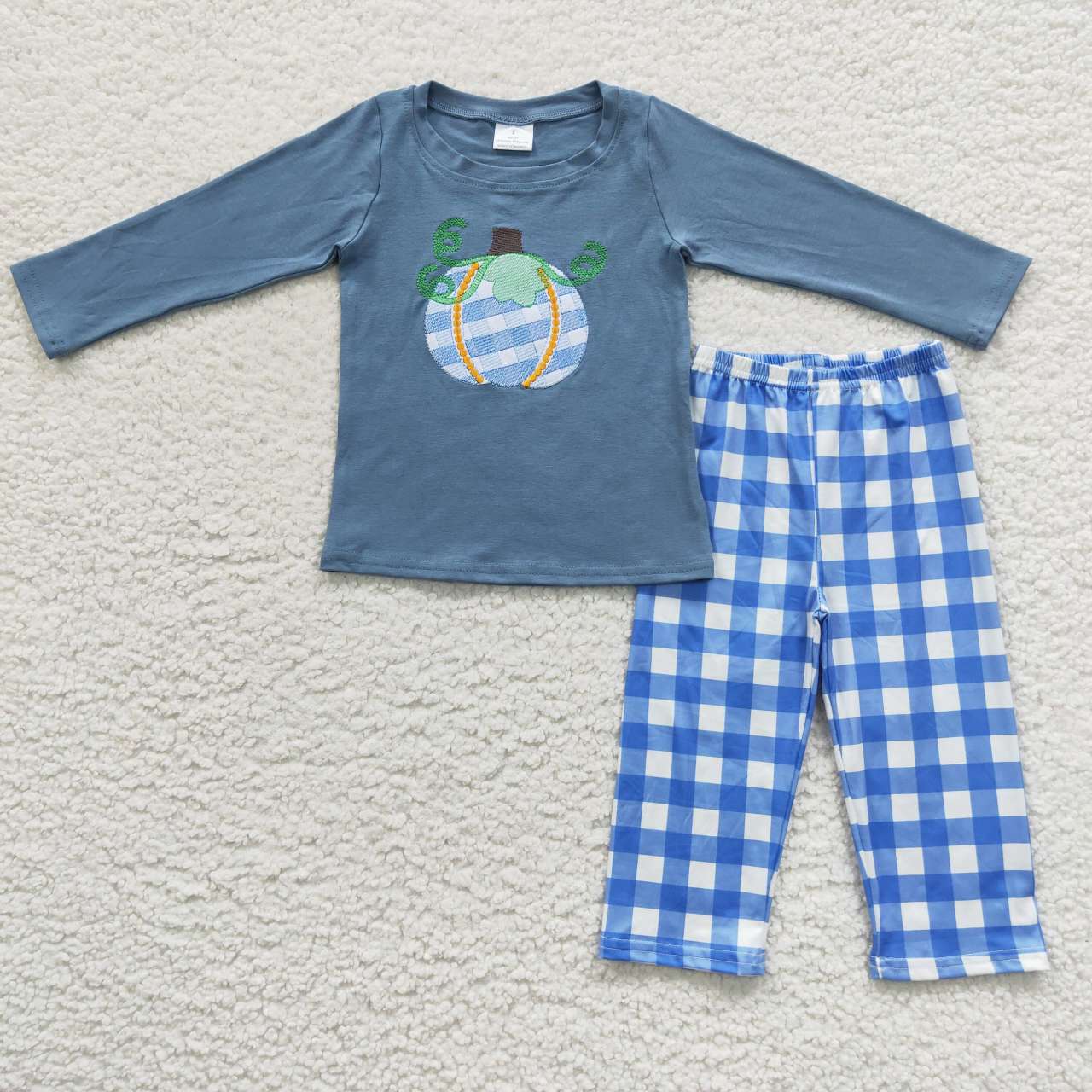 BLP0174 Boys pumpkin embroidery top blue plaid pants fall clothing sets