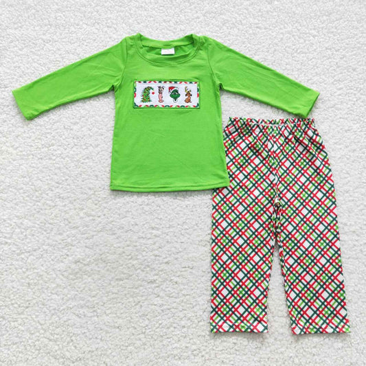 BLP0176 Green frog embroidery top plaid pants boys Christmas outfits