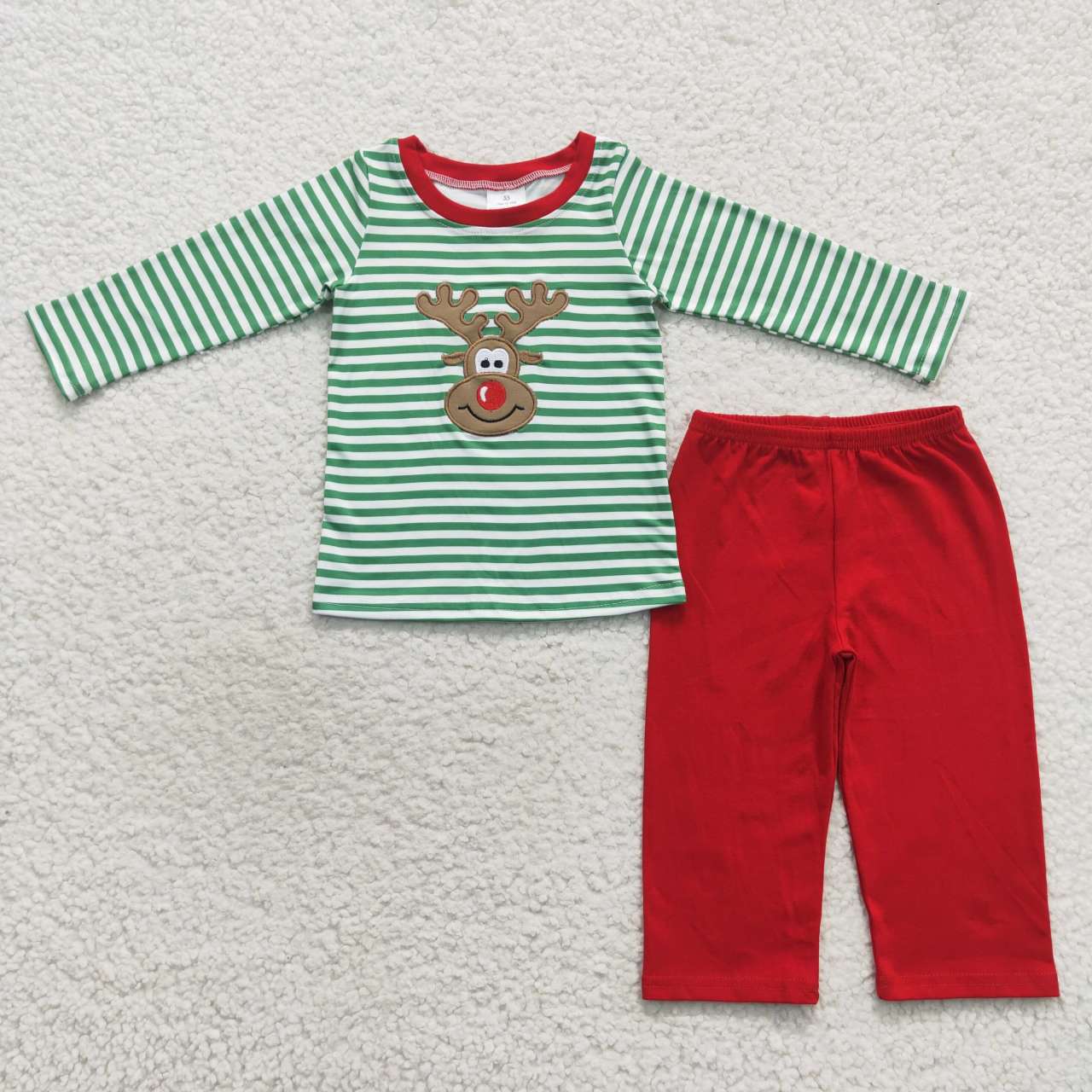 BLP0180 Boys green stripes Christmas deer embroidery top red pants clothes set