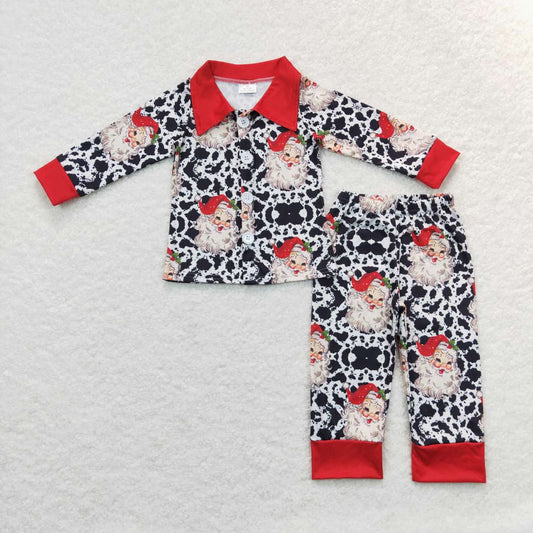 BLP0185 Black Cow Santa Print Boys Western Christmas Pajamas Clothes Set