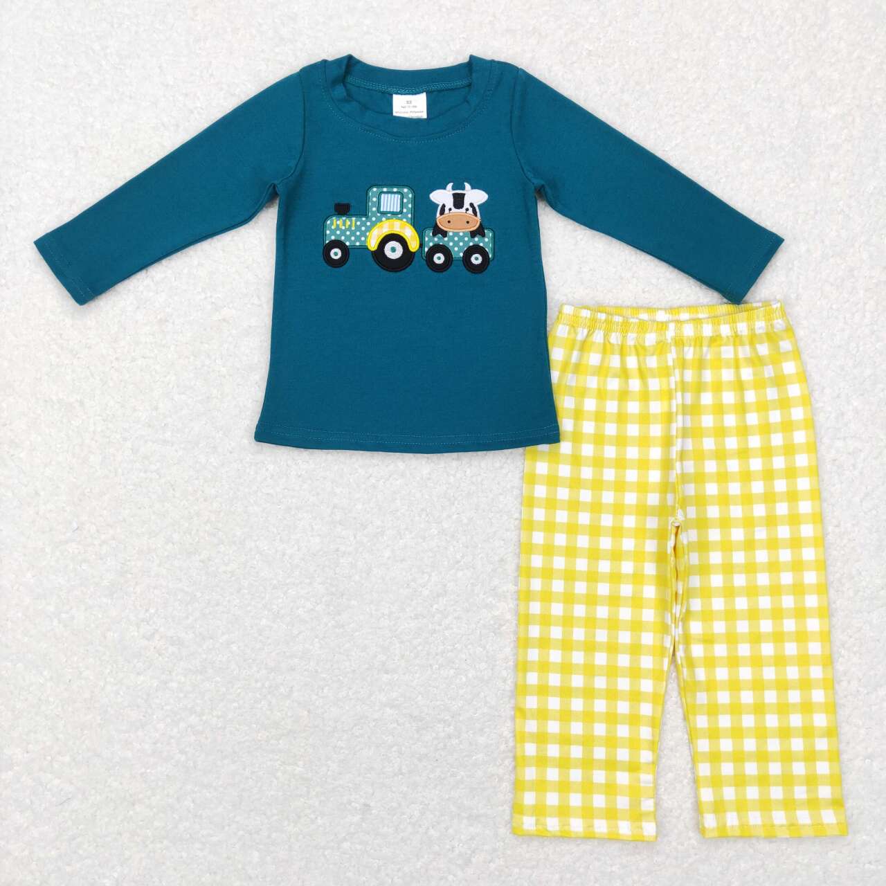 BLP0196 Tractors Cow Embroidery Print Green Top Yellow Plaid Pants Boys Farm Clothes Set