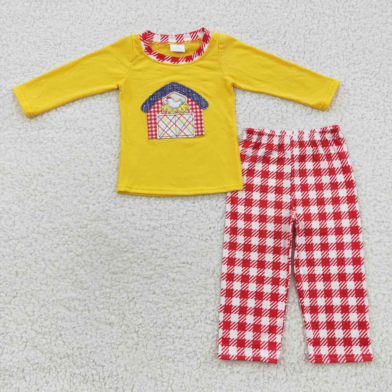 BLP0198 Yellow farm top red plaid pants boys fall clothes set