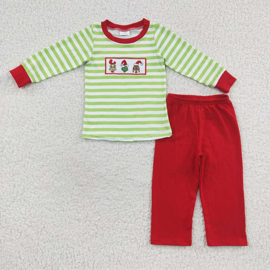 BLP0199 Boys green stripes top red pants Christmas clothes set