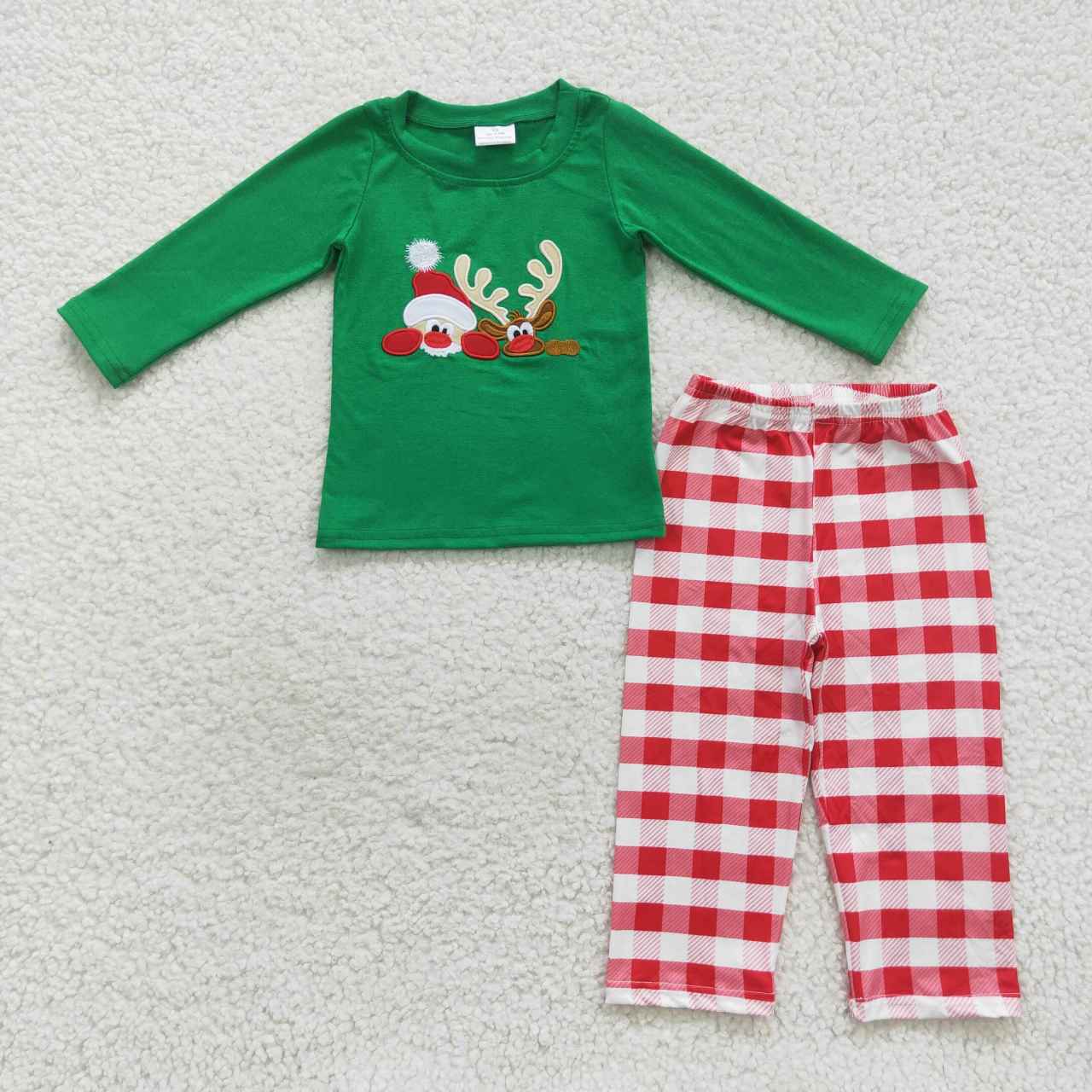 BLP0203 Santa and deer embroidery green top plaid pants boys Christmas outfits