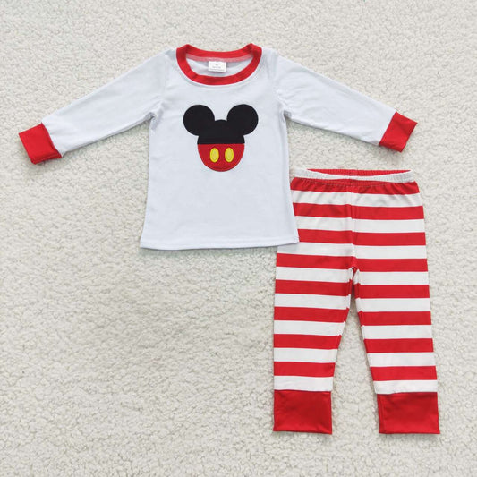 BLP0205 White cartoon mouse embroidery top red stripes pants boys Christmas outfits