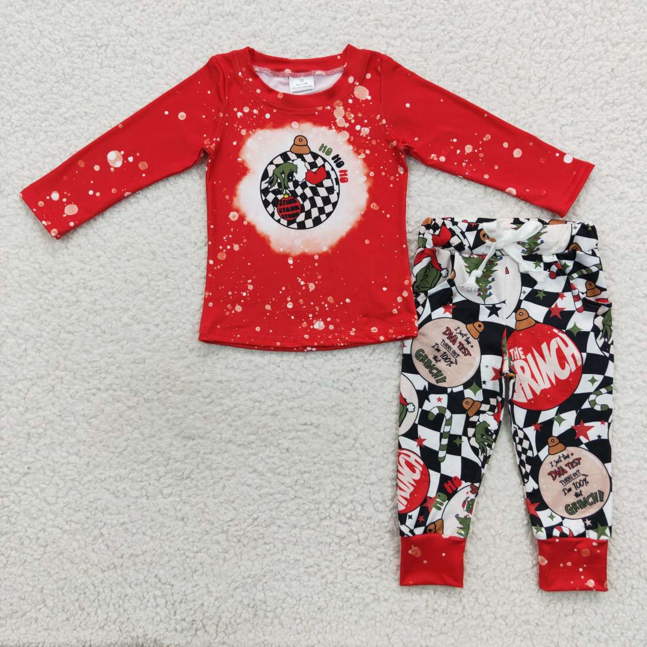 BLP0209 Christmas jingle bell ho ho ho print boys red top black plaid pants clothes set