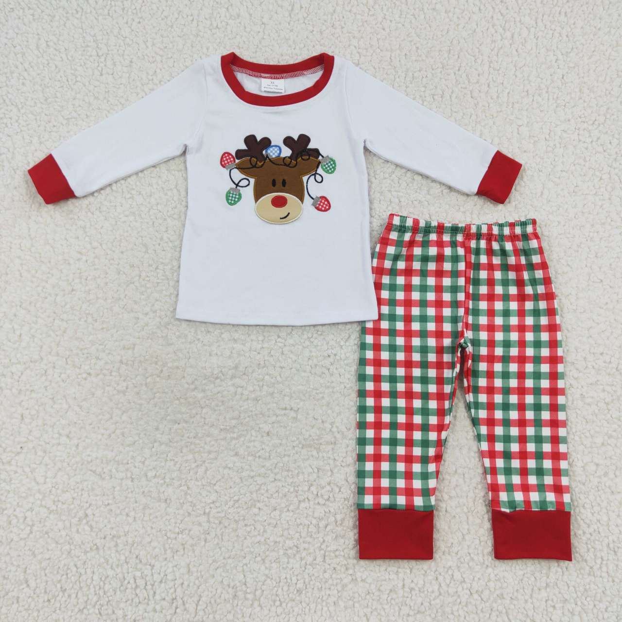 BLP0218 Boys white reindeer embroidery top plaid pants Christmas pajamas