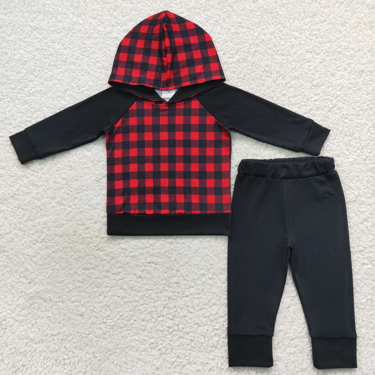 BLP0224 Kids red plaid hoodie top black pants Christmas clothes set