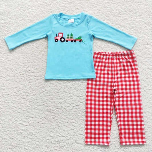 BLP0248 Blue Christmas tree truck embroidery top red plaid pants boys clothes set