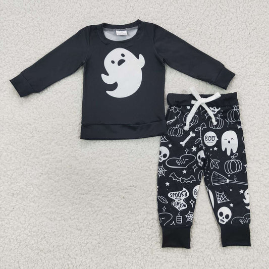 BLP0255 Cute ghost embroidery black top boys Halloween clothes set