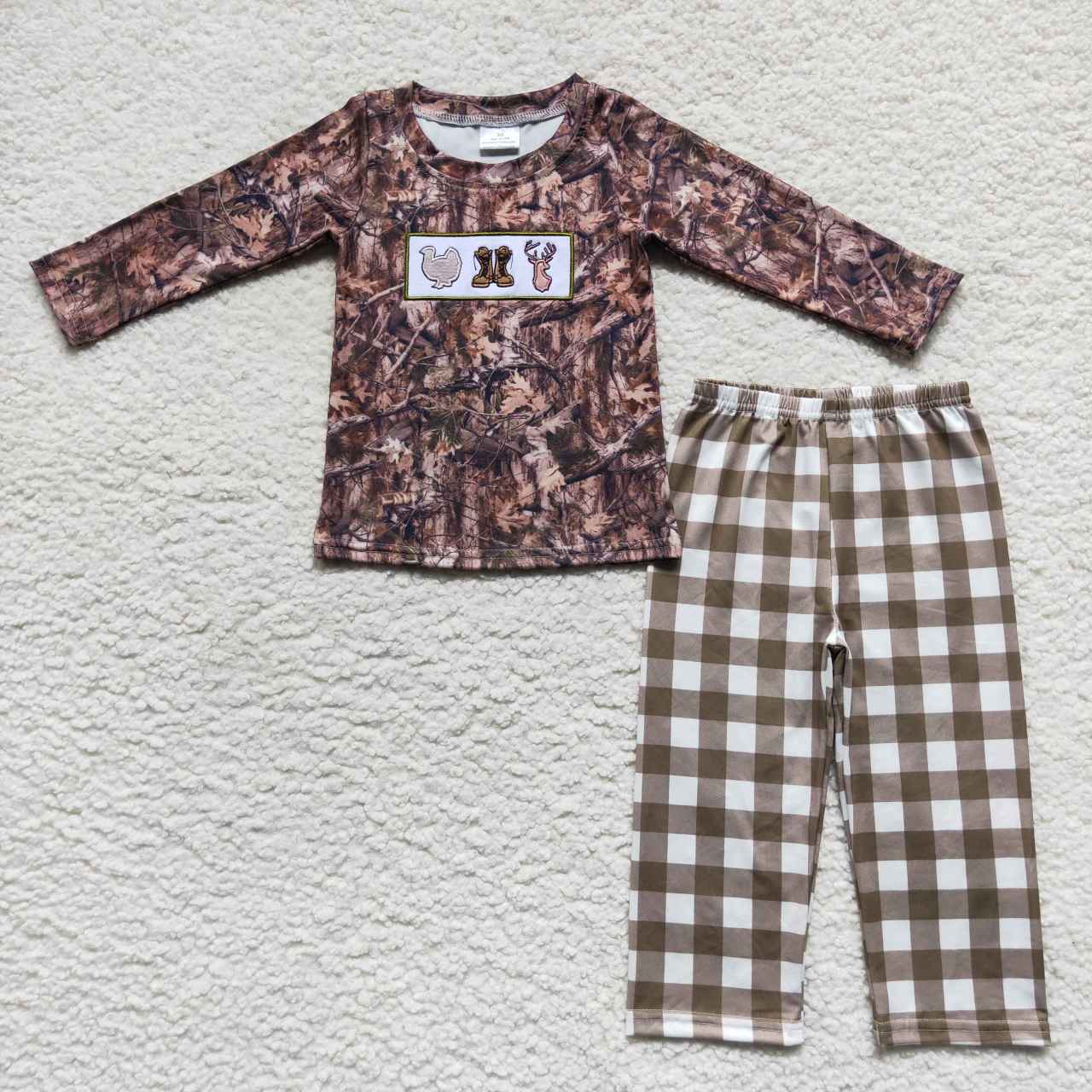 BLP0266 Boys fall camo hunting turkey boots deer embroidery print plaid pants clothes set