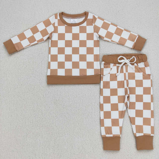 BLP0270 Checkered Kids Khaki Color Shirt Pants Pajamas Clothes Sets