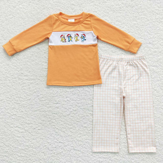 BLP0282 Orange cartoon dog embroidery print boys Christmas clothes set