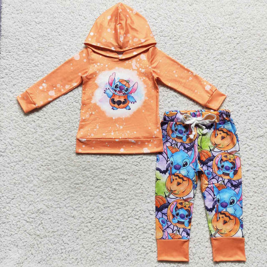 BLP0284 Orange cortoon animal with pumpkin print boys hoodie top Halloween clothes set