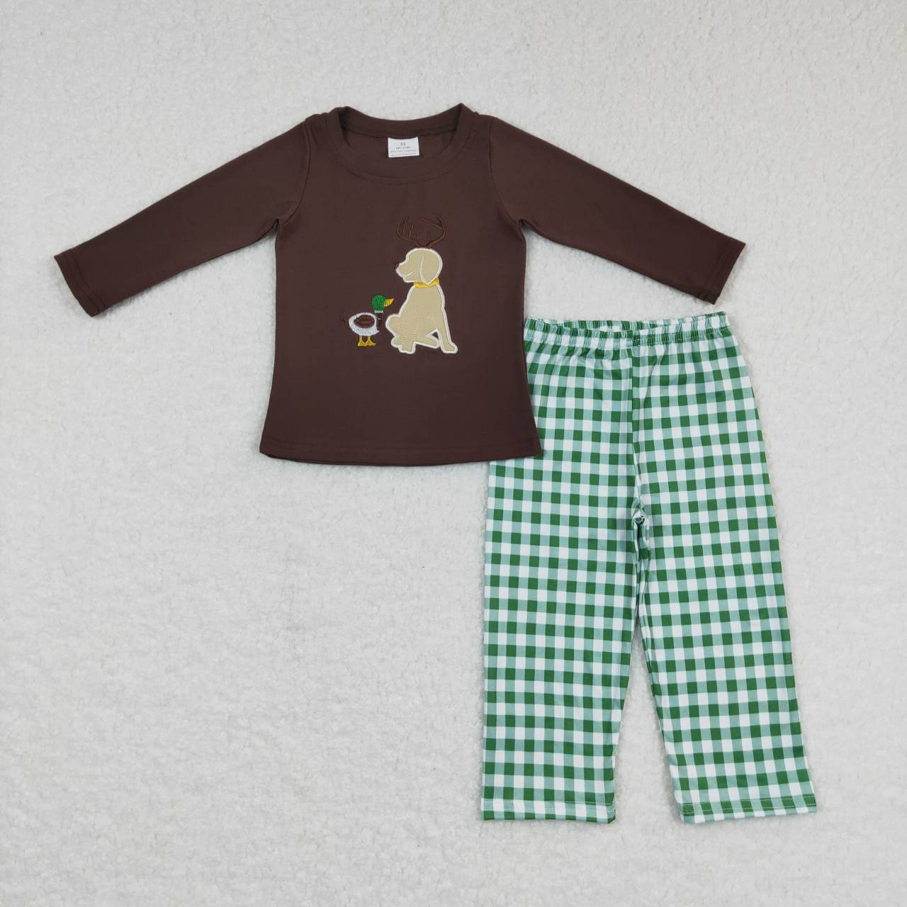 BLP0293  Dog Duck Embroidery Top Green Plaid Pants Boys Go Hunting Clothes Set