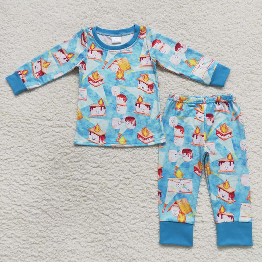 BLP0303 Blue cookie print boys fall pajamas clothes set