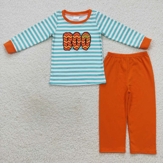 BLP0307 Boo embroidery stripes top orange pants boys Halloween clothes set