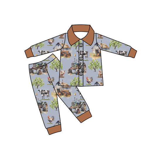 (Pre-order)BLP0315 Farm animal tractors print boys button pajamas clothes set