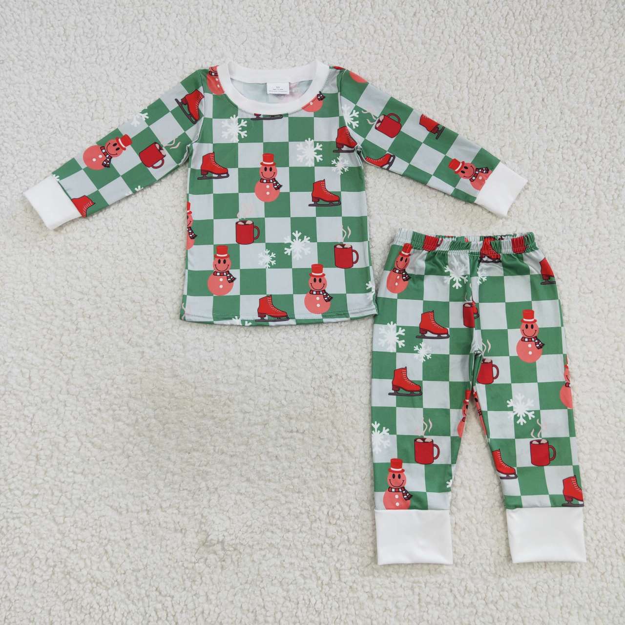 BLP0317 Green plaid snowman print boys Christmas pajamas clothes set